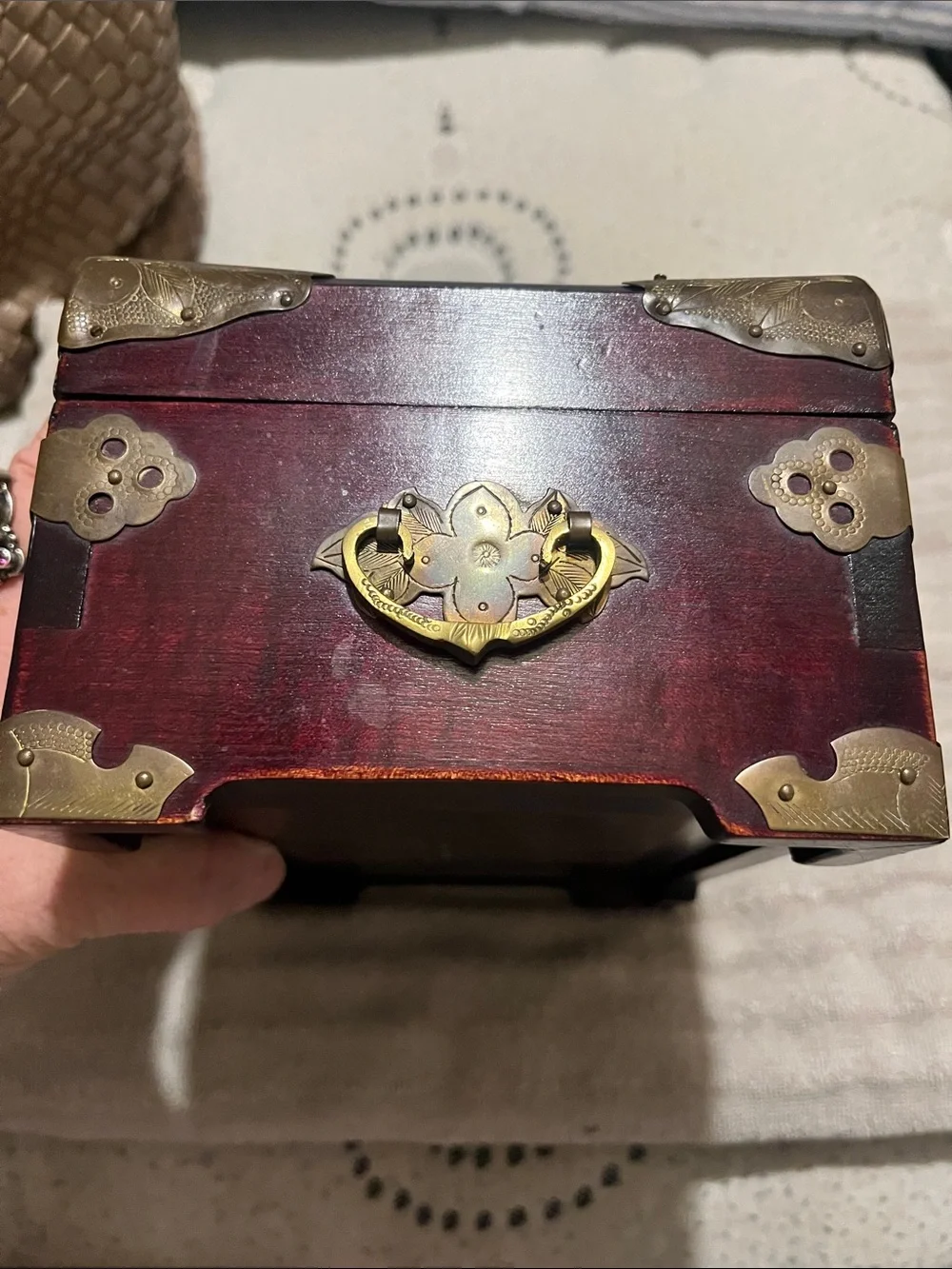 Vintage Style Red Wood Jewelry Box with Brass Accents